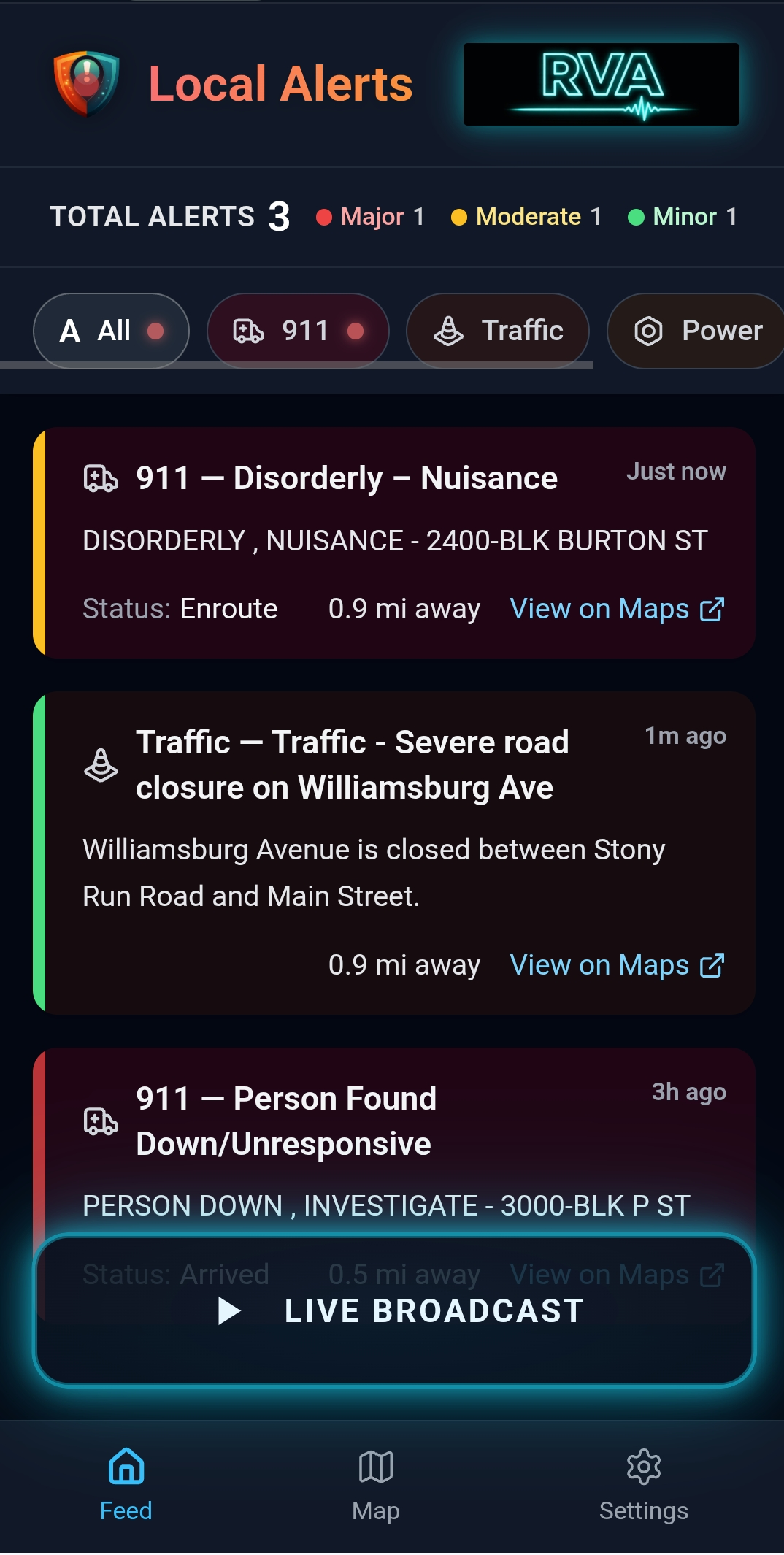 Main alert feed showing severity, time, and distance